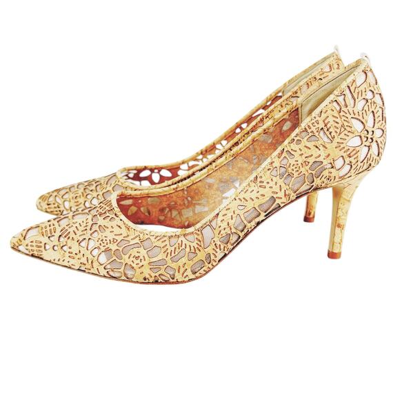 SJP Sarah Jessica Parker Fawn Cork Floral Cutout Stiletto Heels Tan EU 37 US 6.5 - Picture 2 of 11